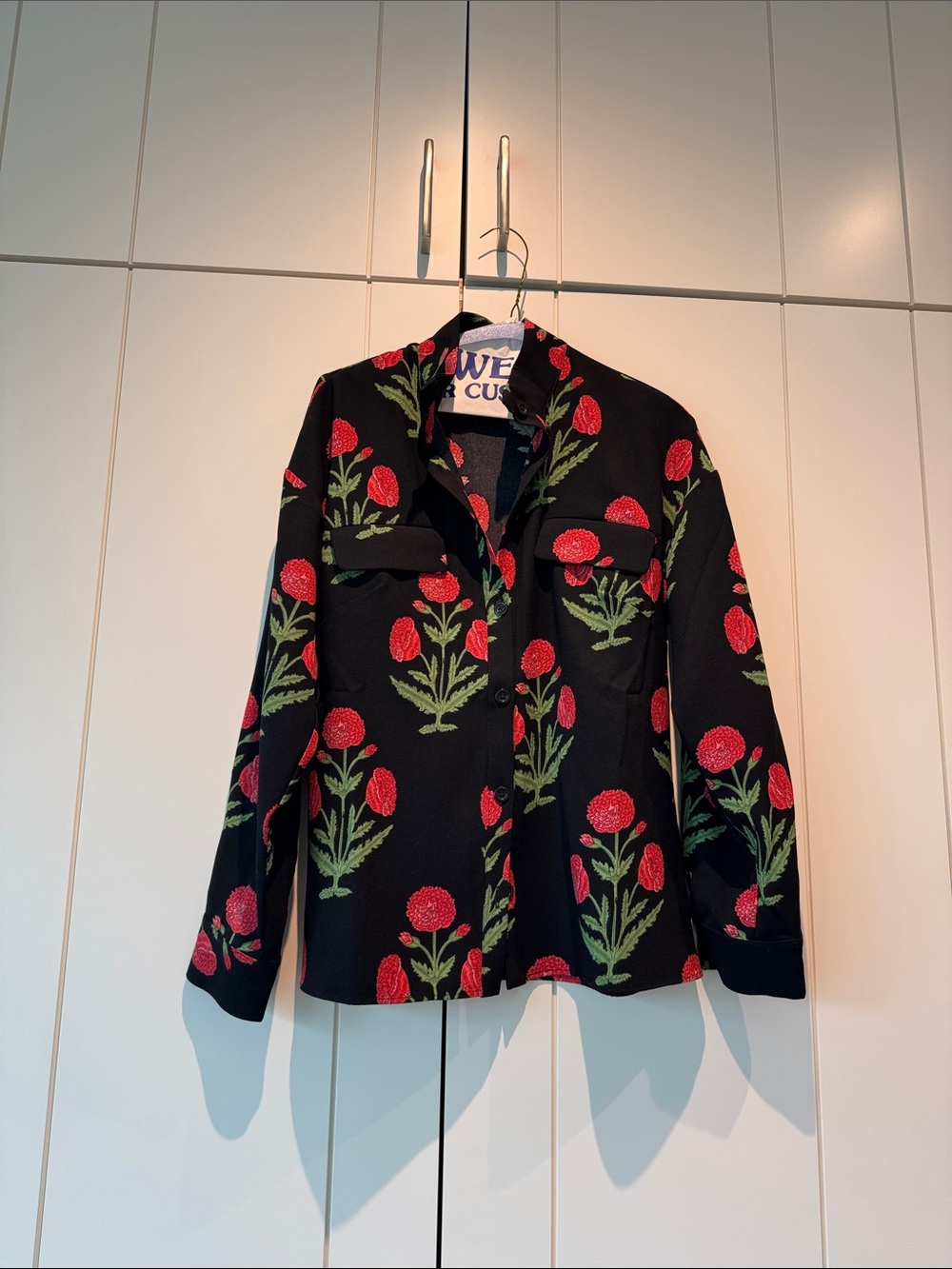 Antik Batik Black Jean Jacket with Red Floral Print